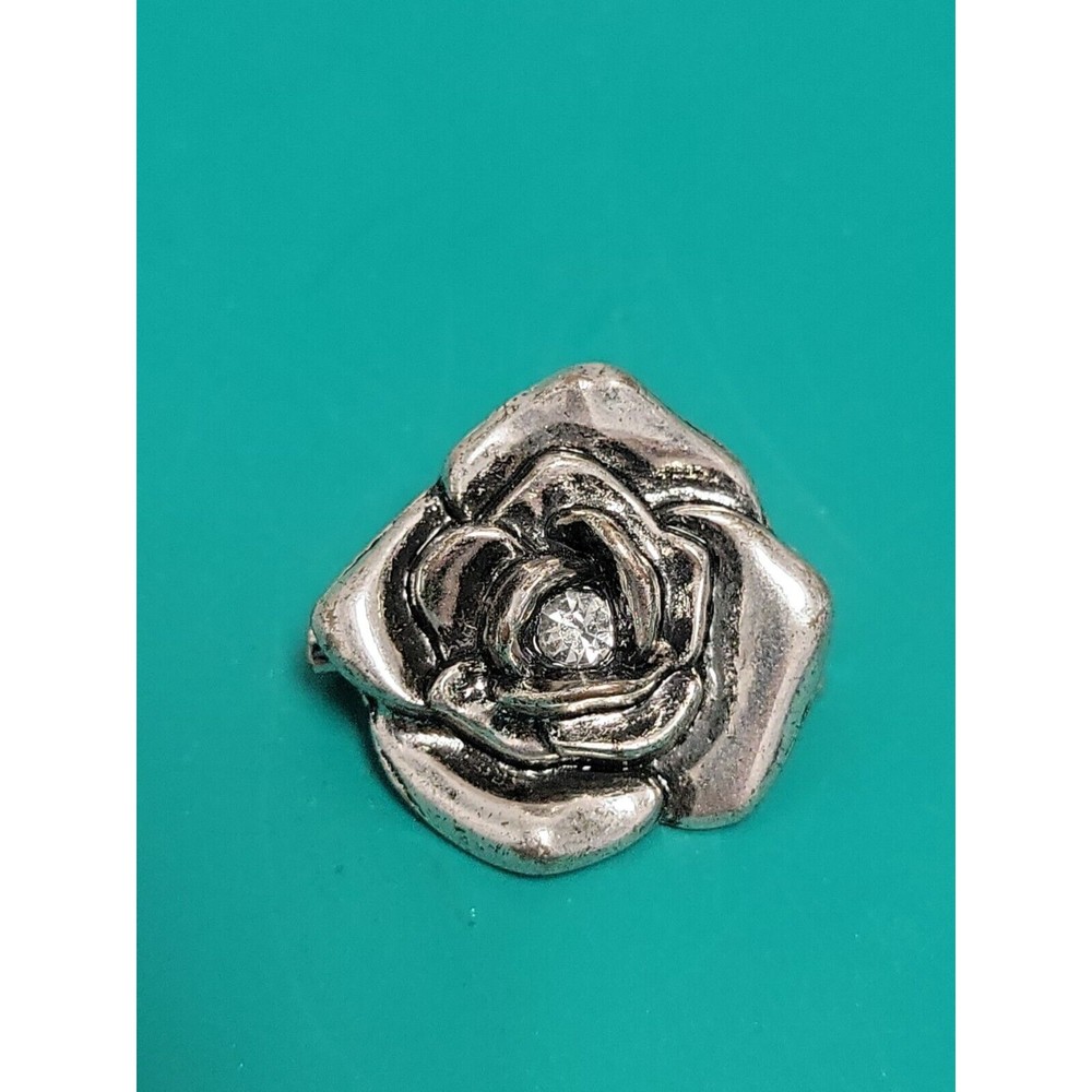 Vintage Rose Flower Figural Brooch Pin Silver Tone Elegant Rhinestone Center EUC